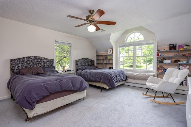 20 Hawk Nest Rd, Tomkins Cove, NY 10986 - bedroom featuring multiple windows, carpet floors, a textured ceiling, a ceiling fan, and lofted ceiling