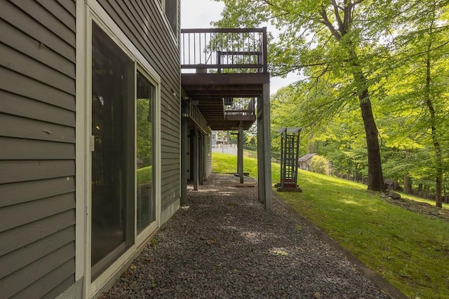 20 Hawk Nest Rd, Tomkins Cove, NY 10986 - view of property exterior with a deck, a lawn, and stairway