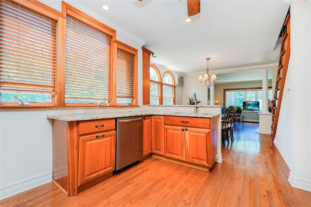 39 Summit Ave, Staten Island, NY 10306 - kitchen with stainless steel dishwasher, a sink, a chandelier, light wood finished floors, and plenty of natural light