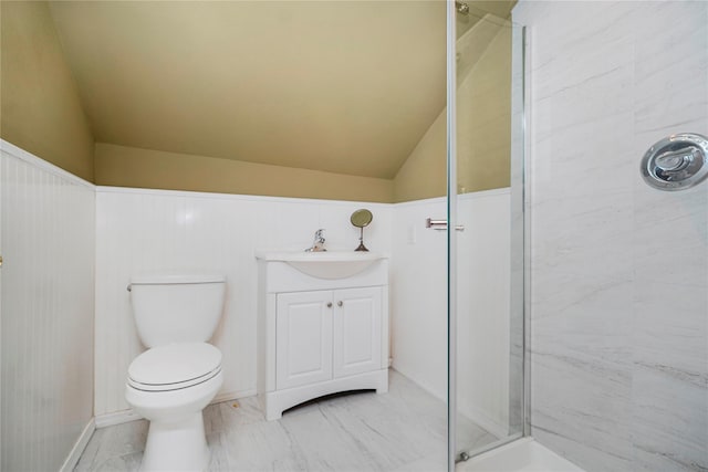 39 Summit Ave, Staten Island, NY 10306 - bathroom with a stall shower, vaulted ceiling, toilet, marble finish flooring, and vanity