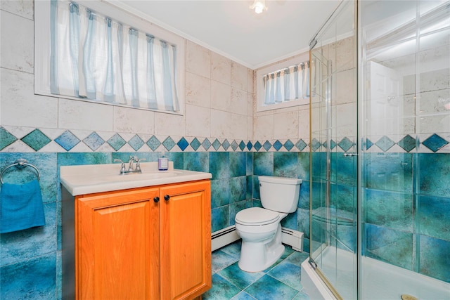 39 Summit Ave, Staten Island, NY 10306 - bathroom with tile walls, a baseboard radiator, vanity, a stall shower, and toilet
