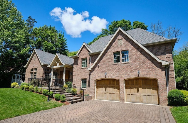 23 Tanners Rd, Great Neck, NY 11020 - tudor-style house with brick siding, decorative driveway, a front lawn, an attached garage, and roof with shingles
