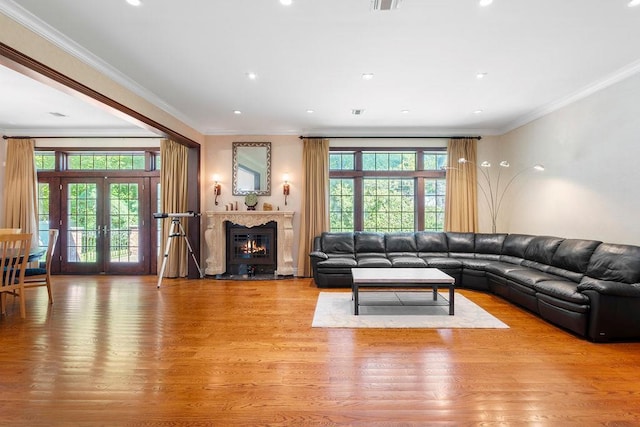 23 Tanners Rd, Great Neck, NY 11020 - living room featuring light wood-type flooring, crown molding, a warm lit fireplace, recessed lighting, and french doors