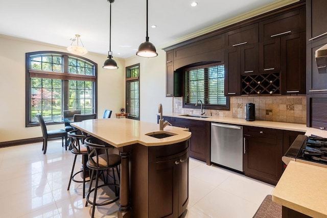 23 Tanners Rd, Great Neck, NY 11020 - kitchen featuring dishwasher, a sink, light countertops, recessed lighting, and crown molding