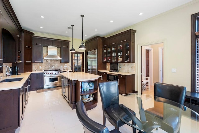 23 Tanners Rd, Great Neck, NY 11020 - kitchen with a sink, premium appliances, wall chimney range hood, open shelves, and light countertops