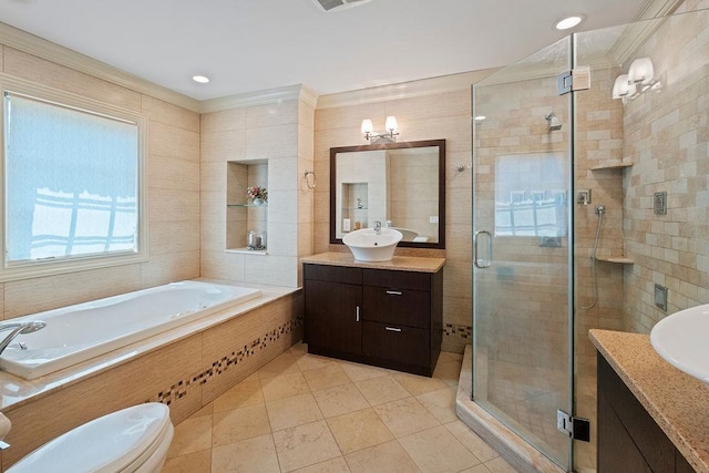 23 Tanners Rd, Great Neck, NY 11020 - full bathroom with vanity, a garden tub, a shower stall, tile patterned floors, and a chandelier