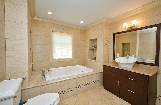 23 Tanners Rd, Great Neck, NY 11020 - full bathroom featuring toilet, a bath, vanity, crown molding, and tile patterned floors