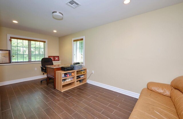 23 Tanners Rd, Great Neck, NY 11020 - office featuring baseboards, healthy amount of natural light, recessed lighting, and dark wood finished floors
