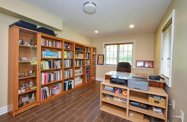 23 Tanners Rd, Great Neck, NY 11020 - office with baseboards, dark wood-style floors, and recessed lighting