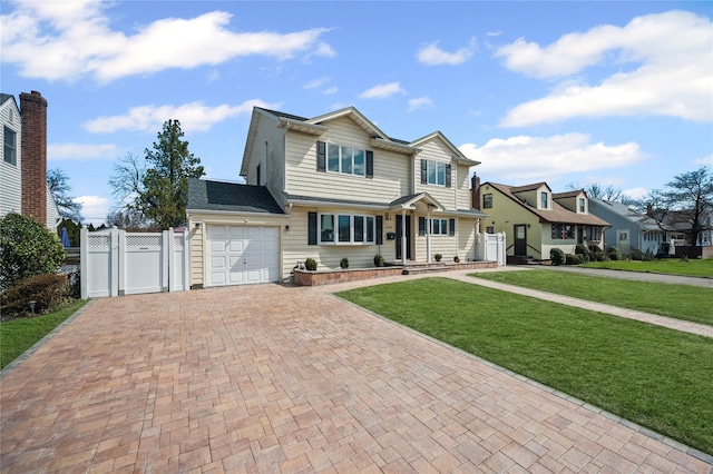 15 Salem Rd, Hicksville, NY 11801 - view of front facade featuring decorative driveway, a gate, and a garage