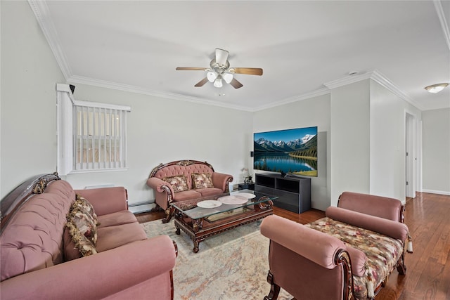 15 Salem Rd, Hicksville, NY 11801 - living area with a ceiling fan, wood finished floors, crown molding, and a baseboard radiator