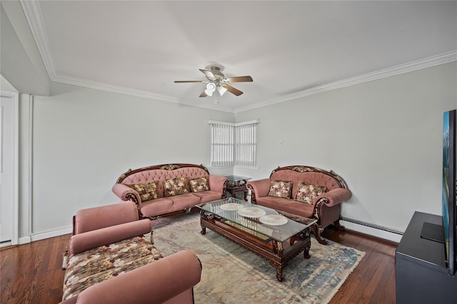 15 Salem Rd, Hicksville, NY 11801 - living area featuring a baseboard heating unit, ceiling fan, hardwood / wood-style flooring, and crown molding