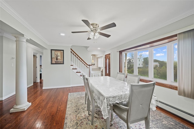 15 Salem Rd, Hicksville, NY 11801 - dining space with baseboard heating, ornate columns, ceiling fan, wood finished floors, and stairway