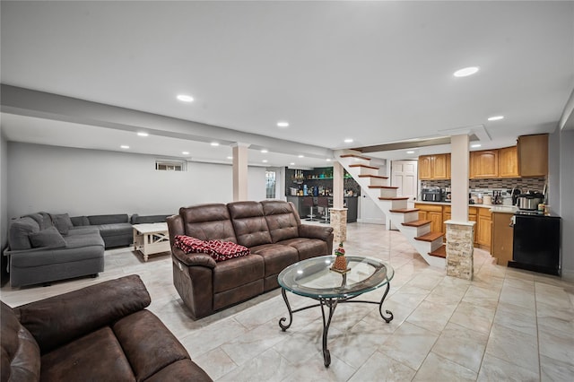 15 Salem Rd, Hicksville, NY 11801 - living area with bar, light marble finish floors, stairs, and recessed lighting