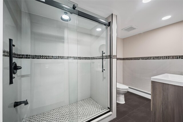 15 Salem Rd, Hicksville, NY 11801 - full bathroom with a baseboard radiator, a shower stall, vanity, and tile walls