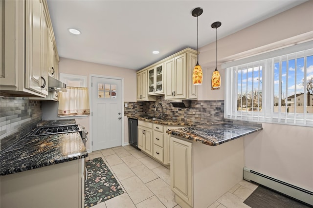 15 Salem Rd, Hicksville, NY 11801 - kitchen with baseboard heating, cream cabinets, dishwasher, backsplash, and recessed lighting