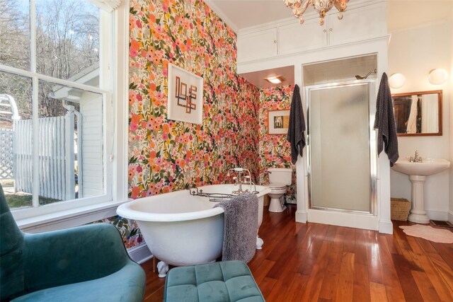 336 County Highway 5, Bovina Center, NY 13740 - full bathroom featuring wallpapered walls, wood finished floors, healthy amount of natural light, a shower stall, and a freestanding tub