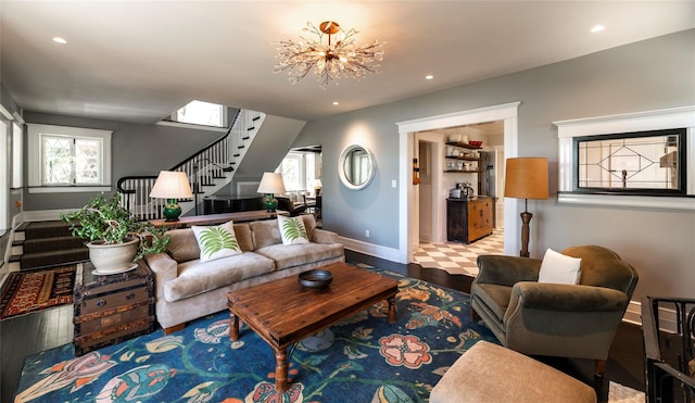 87 River Rd, Nyack, NY 10960 - living area featuring stairs, baseboards, wood finished floors, and recessed lighting