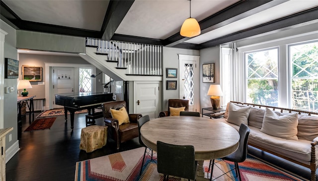 87 River Rd, Nyack, NY 10960 - dining room with stairs, wood finished floors, healthy amount of natural light, beamed ceiling, and baseboards