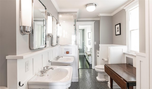 87 River Rd, Nyack, NY 10960 - full bathroom with toilet, crown molding, a sink, tile patterned floors, and healthy amount of natural light