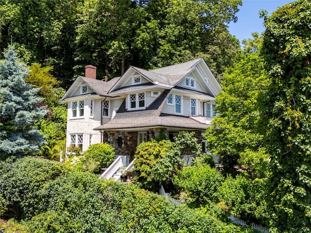 87 River Rd, Nyack, NY 10960 - shingle-style home featuring a chimney and stone siding