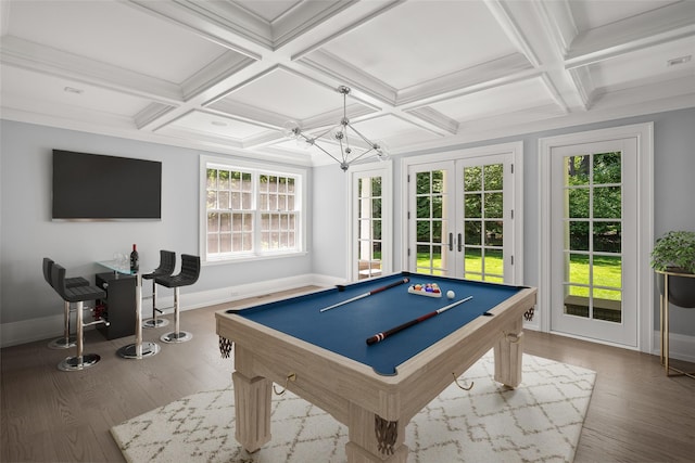 8 E Huxley Dr, Lloyd Harbor, NY 11743 - rec room with french doors, wood finished floors, billiards, coffered ceiling, and beamed ceiling