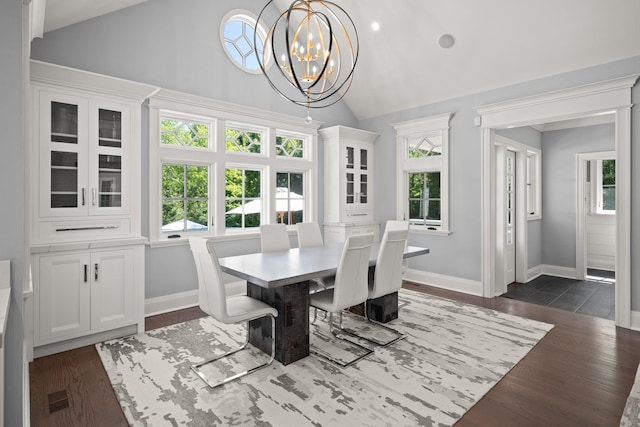 8 E Huxley Dr, Lloyd Harbor, NY 11743 - dining room featuring lofted ceiling, a chandelier, plenty of natural light, and dark wood-type flooring