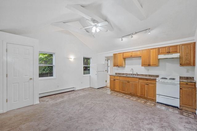 34 Ridgedale Ave, Farmingville, NY 11738 - kitchen with white appliances, a baseboard radiator, under cabinet range hood, a sink, and a ceiling fan