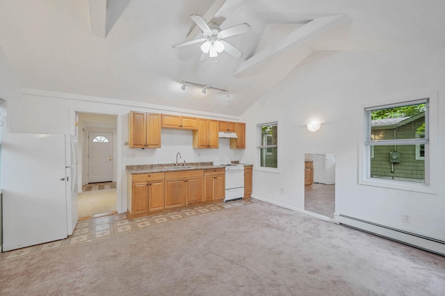 34 Ridgedale Ave, Farmingville, NY 11738 - kitchen featuring white appliances, a sink, a baseboard heating unit, ceiling fan, and light countertops