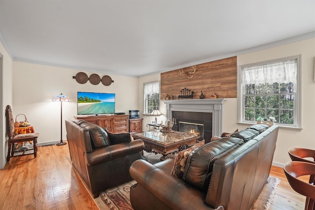 57 Wilner Rd, Somers, NY 10589 - living area with light wood-style flooring, a fireplace, baseboards, and ornamental molding