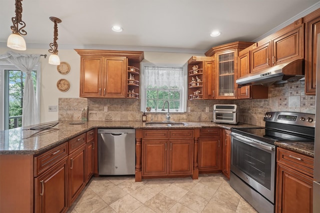 57 Wilner Rd, Somers, NY 10589 - kitchen featuring appliances with stainless steel finishes, open shelves, a sink, under cabinet range hood, and a peninsula