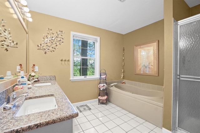 57 Wilner Rd, Somers, NY 10589 - full bathroom featuring baseboards, double vanity, tile patterned flooring, a bath, and a stall shower