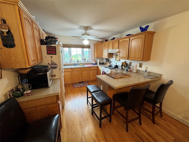 1009 Ethan Allen Dr Unit 1009, New Windsor, NY 12553 - kitchen with white range with gas stovetop, under cabinet range hood, black microwave, light wood-type flooring, and a kitchen bar