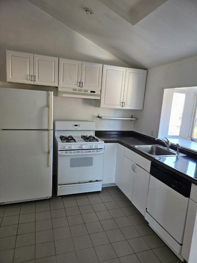 248-09 41st Ave, Little Neck, NY 11363 - kitchen featuring white appliances, under cabinet range hood, a sink, vaulted ceiling, and dark countertops