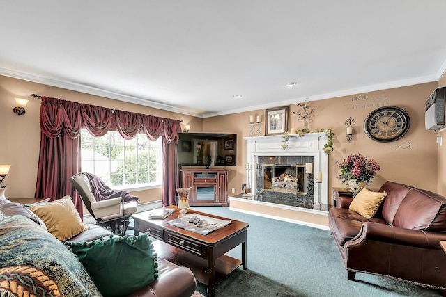 258 Timberpoint Rd, East Islip, NY 11730 - living area featuring carpet, ornamental molding, a premium fireplace, and baseboard heating