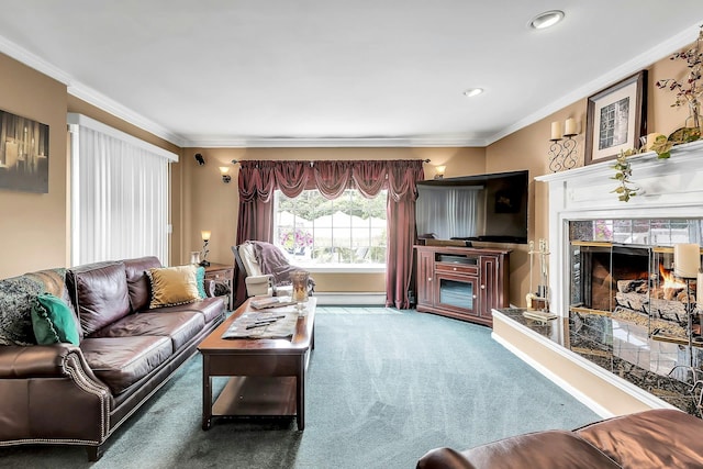 258 Timberpoint Rd, East Islip, NY 11730 - carpeted living area with crown molding and a premium fireplace