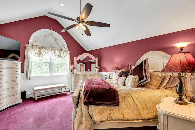 258 Timberpoint Rd, East Islip, NY 11730 - bedroom featuring vaulted ceiling, carpet floors, a ceiling fan, and a baseboard heating unit