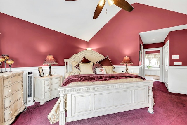 258 Timberpoint Rd, East Islip, NY 11730 - bedroom with carpet floors, wainscoting, a ceiling fan, high vaulted ceiling, and connected bathroom
