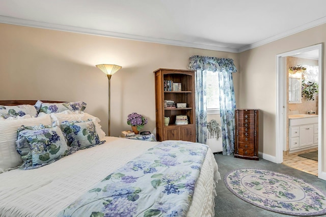 258 Timberpoint Rd, East Islip, NY 11730 - bedroom featuring crown molding, light carpet, connected bathroom, and baseboards