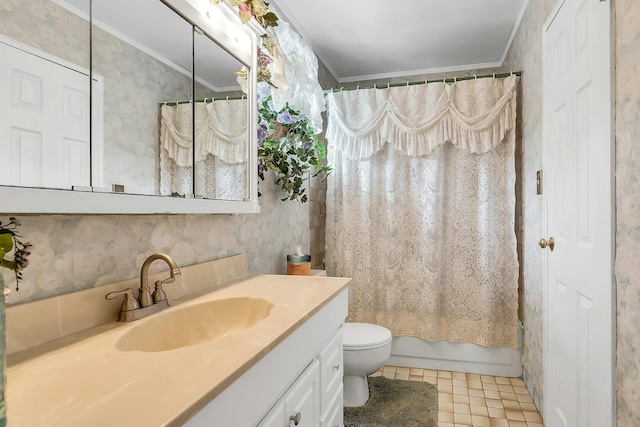 258 Timberpoint Rd, East Islip, NY 11730 - full bathroom with ornamental molding, vanity, toilet, tile patterned flooring, and wallpapered walls