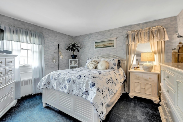258 Timberpoint Rd, East Islip, NY 11730 - bedroom featuring dark colored carpet, radiator, and wallpapered walls