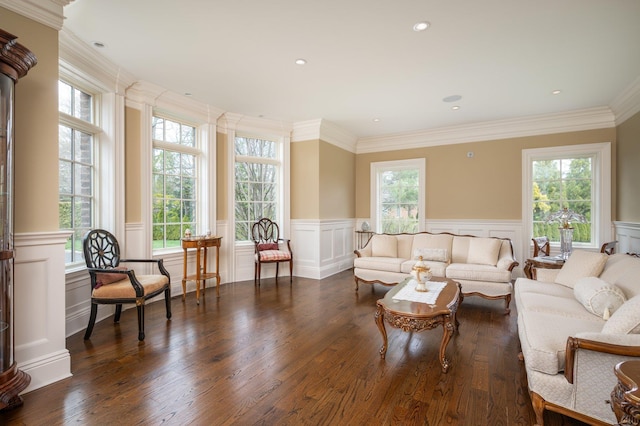 24 The Pnes, Old Westbury, NY 11568 - living area with a decorative wall, a wainscoted wall, dark wood-style floors, and ornamental molding