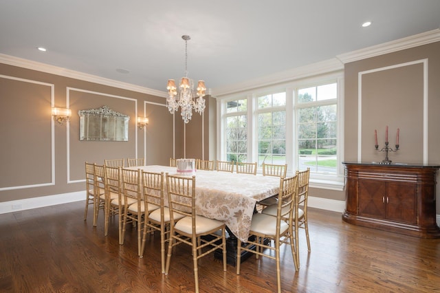 24 The Pnes, Old Westbury, NY 11568 - dining area featuring dark wood-style floors, ornamental molding, baseboards, a chandelier, and recessed lighting