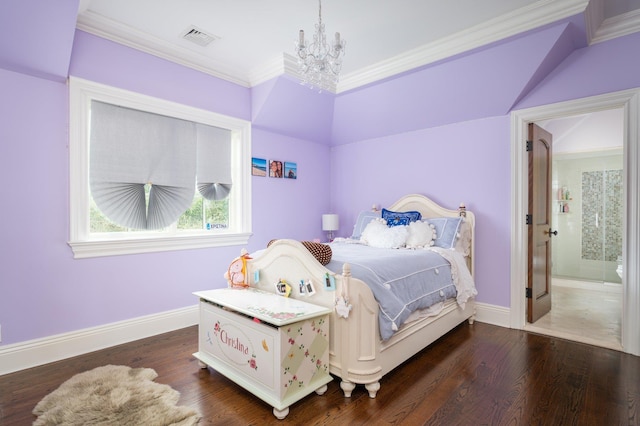 24 The Pnes, Old Westbury, NY 11568 - bedroom featuring a chandelier, ornamental molding, baseboards, and dark wood-type flooring