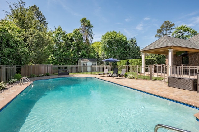 24 The Pnes, Old Westbury, NY 11568 - view of swimming pool featuring a fenced backyard, a patio area, and view of wooded area
