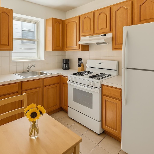 347 Graham Ave, Brooklyn, NY 11211 - kitchen with white appliances, under cabinet range hood, a sink, backsplash, and light countertops