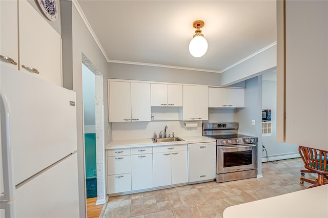 28 Chance St, Hicksville, NY 11801 - kitchen featuring white appliances, a sink, crown molding, a baseboard heating unit, and light countertops