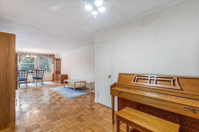 211-40 18th Ave Unit 1J, Bayside, NY 11360 - living area with ceiling fan, crown molding, and a chandelier