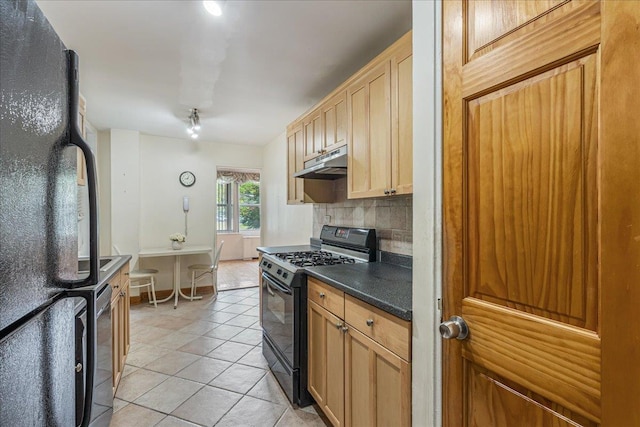 211-40 18th Ave Unit 1J, Bayside, NY 11360 - kitchen featuring black appliances, dark countertops, under cabinet range hood, light tile patterned floors, and tasteful backsplash