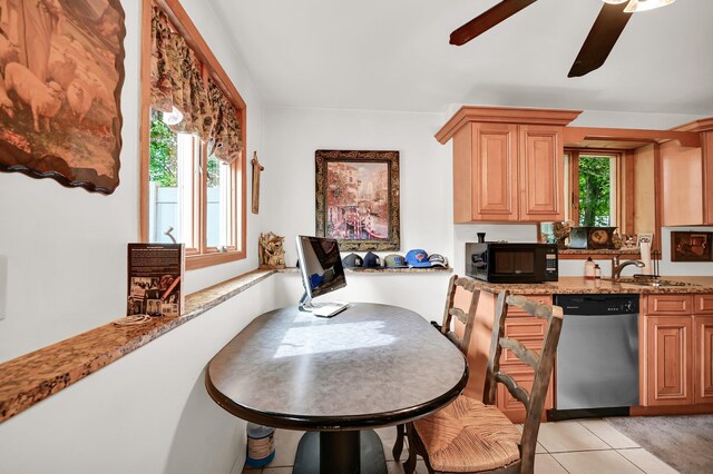 10 Catawba Dr, West Nyack, NY 10994 - kitchen featuring stainless steel dishwasher, black microwave, ceiling fan, a sink, and light stone countertops